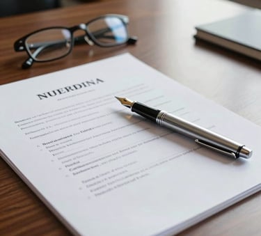 Close-up of professional legal documents, a silver fountain pen, and a pair of spectacles on a polished mahogany desk in a North American corporate office, natural window light.