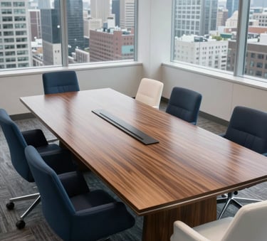 A high-angle photograph of a sleek, modern North American boardroom with a polished wood table, large windows overlooking a city skyline, and minimalist blue and white chairs, exuding corporate authority.