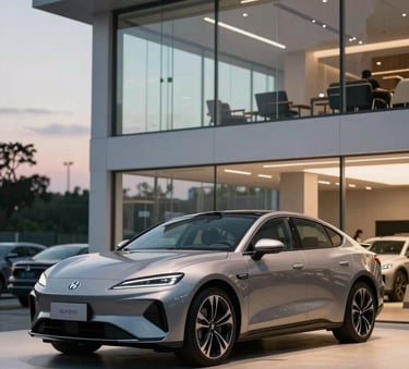 A sleek, minimalist North American / US automotive showroom with architectural glass and high-end materials, soft evening lighting, emphasizing a premium corporate atmosphere.