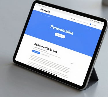 A close-up shot of a high-resolution tablet displaying a sleek, modern website interface with Periwinkle Blue accents, resting on a Cloud Grey desk in a bright office.