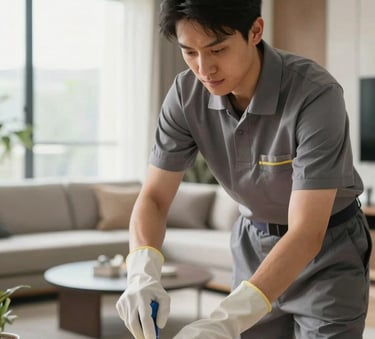 A  cleaner wearing a subtle uniform and gloves, carefully cleaning a modern North American living room with high-quality supplies, bright natural light, clean and professional atmosphere.