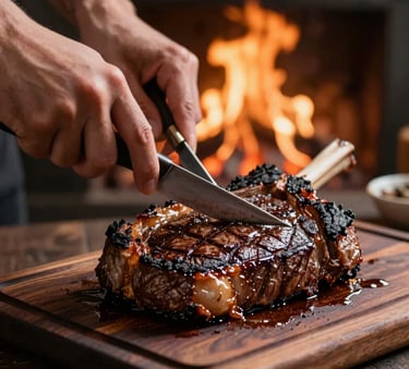 Close-up of hands carving a perfectly charred thick ribeye steak on a dark wooden board, warm firelight, shallow depth of field