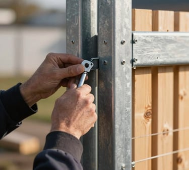 A close-up photograph of a professional installing a modern steel and timber fence. The lighting is bright morning sun, highlighting the Steel Grey metal and the natural grain of the wood. The composition is sharp and focused on the precision of the joints.