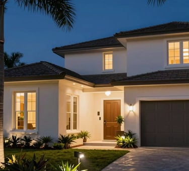 A high-end modern Florida home exterior at twilight, featuring professionally installed outdoor landscape lighting and smart security lights. The deep blue sky #021C30 provides a sophisticated backdrop for the warm, reliable glow of the electrical work.