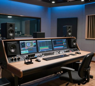A professional audio-video recording studio in a modern Central European setting, featuring sleek equipment, soft steel blue ambient lighting, and a focused atmosphere for creative production.