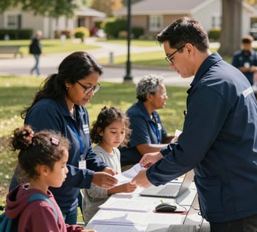 A diverse community health fair in a sunny North American / US suburban park, featuring professional staff in Dark Slate Blue jackets assisting families in a warm and welcoming environment.