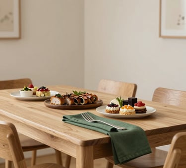 A cozy, Scandinavian-style dining room in North America. Crisp parchment colored walls and light wood furniture. On a table, gourmet food is artfully arranged next to a matte forest green napkin.