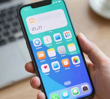 A close-up of a human hand holding a modern Android smartphone. The screen displays a colorful, vibrant interface with soft-edged interactive widgets in #74A7A7 and #2E6C6C. The lighting is bright and professional, suggesting a productive daily environment.