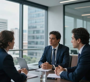 Professional photography of a South American / Brazilian executive meeting in a modern glass-walled office overlooking a city. Soft natural lighting, corporate attire, and a sophisticated atmosphere with deep blue and white tones.