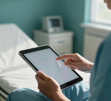 A close-up of a patient in a comfortable, sunlit Oceanian / Australian medical suite, interacting with a sleek tablet device, the room featuring dark teal and pale mist decor, soft natural lighting.