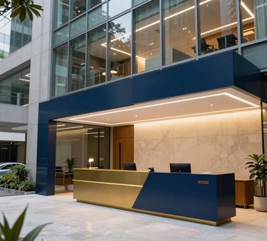 Wide shot of a modern, brightly lit reception area in a Brazilian corporate building, emphasizing glass, steel, and a professional atmosphere, with navy blue and matte gold accents.