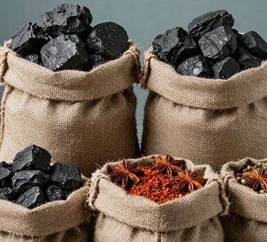 Close-up cinematic shot of high-quality coal and vibrant exotic spices in burlap sacks, professional studio lighting, International / Global sourcing context. Muted sage blue and charcoal grey tones.