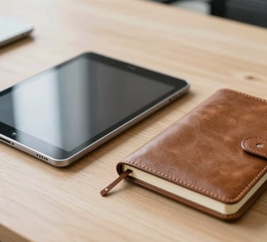 A close-up photograph of a sleek tablet and a professional leather-bound notebook on a clean, light wood desk in a bright North American office, representing productivity and organized planning.