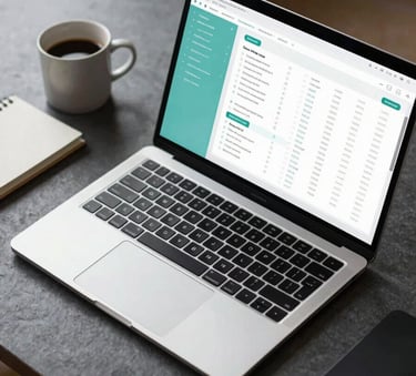 A high-angle professional photograph of a modern laptop on a dark slate grey desk. The screen displays a secure and clean financial dashboard with soft aqua accents. Beside the laptop is a minimalist notebook and a ceramic cup, bathed in soft, natural morning light.