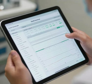Close-up of a high-resolution digital tablet screen displaying a clean medical interface with patient charts and graphs, held by hands in a white lab coat, professional medical photography, South American clinic setting.