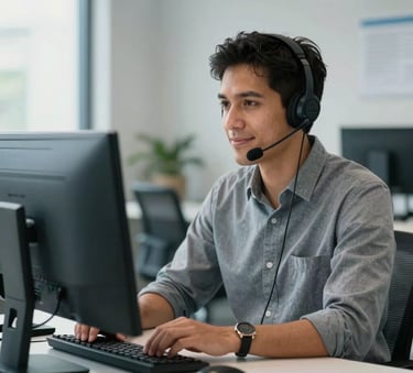 A focused South American professional at a clean workstation, wearing a headset, looking at a monitor with a calm and helpful expression, bright and modern office interior with soft blue and grey accents.