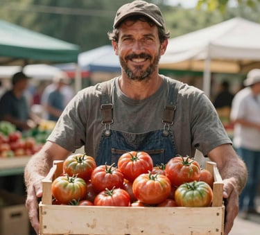 A local farmer proudly holding a crate of vibrant heirloom tomatoes at a sun-drenched outdoor market, soft natural lighting, Western European / North American setting.