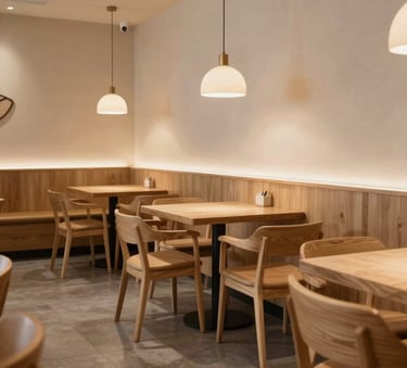 A cozy, minimalist restaurant interior in North American / European style, featuring light wood furniture, clean lines, and warm ambient lighting, reflecting a sophisticated yet approachable atmosphere.