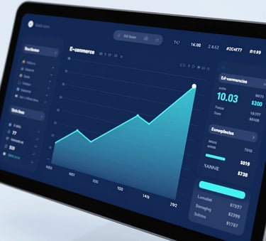 A sleek, modern digital dashboard showing rising e-commerce sales metrics and conversion graphs, featuring brand colors #2C4F7F and #77A3CE, professional data visualization style.