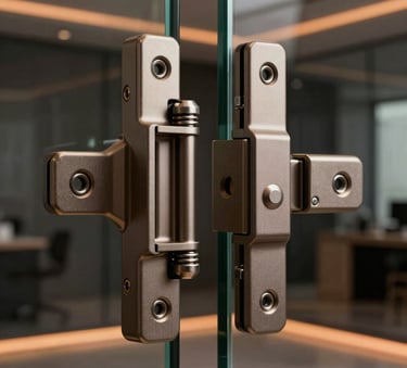 An elegant technical photograph of heavy glass door pivot systems. The metallic surfaces are dark taupe and silver, with flawless matte textures. Soft premium studio lighting with delicate orange ambient glows, set against a dark glass wall in an architectural studio in Latin America.