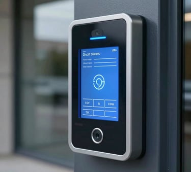 A detailed close-up of a high-tech biometric security interface at the entrance of a modern corporate building in North America, lit with soft blue light.