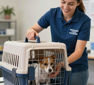 A compassionate Indiana volunteer in a professional blue shirt gently loading a small dog into a modern, clean animal transport crate, warm and approachable lighting, reflecting the brand colors #1E3A4B and #4F6B7C.