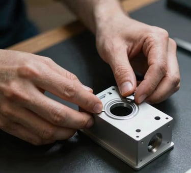 A close-up shot of hands working on a product prototype made of high-quality materials on a dark workbench. The aesthetic is premium and industrial, reflecting a North American innovation hub, with deep shadows and sharp highlights.