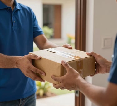 Close-up of a delivery professional's hands handing a neatly wrapped parcel to a customer at a modern apartment doorway, South American residential setting, warm natural lighting, high-quality photography.