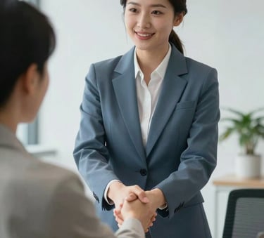 A medium shot of a professional consultant in a muted slate blue suit shaking hands with a client in a bright, modern office with soft frosty white walls, conveying trust and partnership.