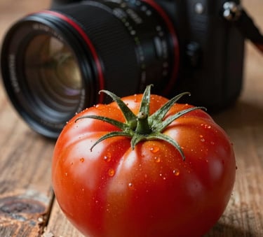 Close-up photography of a professional photographer in a Western European setting using a high-end camera to shoot a vibrant, Deep Ripe Crimson tomato on a rustic wooden surface. Natural, atmospheric lighting.