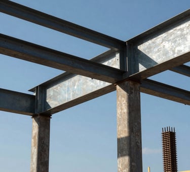 A close-up photograph of heavy-duty steel trusses and reinforced columns at a sun-drenched South American construction site, clear blue sky background, industrial style, professional lighting.