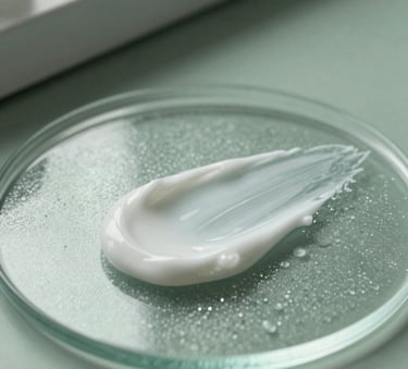 Minimalist photography of a premium skincare cream texture spread across a textured glass plate. Accents of muted sage green in the soft background. The scene is lit with cool, clinical morning light in a North American / US lab environment.