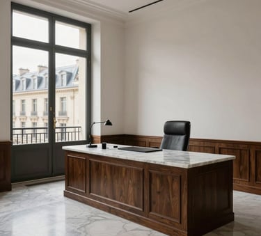 A high-end view of a Parisian legal office interior with clean lines, marble surfaces, and soft natural light from a window overlooking classic French architecture, emphasizing professional trust and modern elegance.