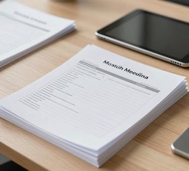 A close-up of organized administrative paperwork and a modern tablet on a clean wooden desk in a South American professional office, bright and soft natural lighting.