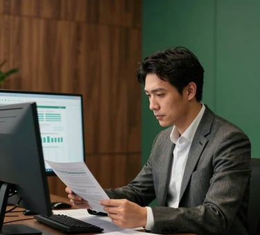 A focused professional in a modern North American / European world-class corporate office, reviewing financial documents on a screen. The room features high-contrast lighting with accents of rich tobacco brown wood and deep bark green decor.