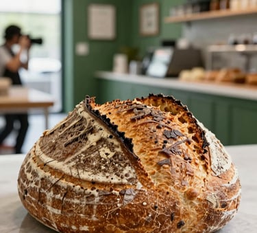 A professional photographer capturing a close-up of a crusty artisanal sourdough loaf in a modern North American / US bakery kitchen. Matte Forest Green accents in the background, sharp focus, natural daylight.