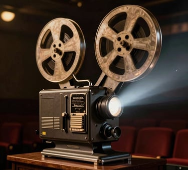 An elegant, cinematic photograph of a classic vintage movie projector shining a beam of light in a dark theater, with warm gold and charcoal color palette, capturing the nostalgic magic of early 90s cinema, North American / US style.