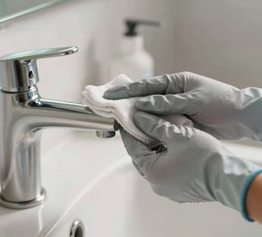 A close-up photograph of a professional cleaning person's hand in a light grey glove using a soft cloth to polish a stainless steel faucet in a modern North American bathroom, bright morning light, professional and meticulous feel.