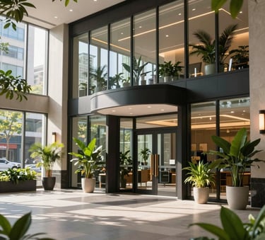 Wide professional shot of a grand entryway for a large sustainable company in a North American city. Elegant glass architecture, lush indoor plants, clean and organized corporate setting with natural morning light.