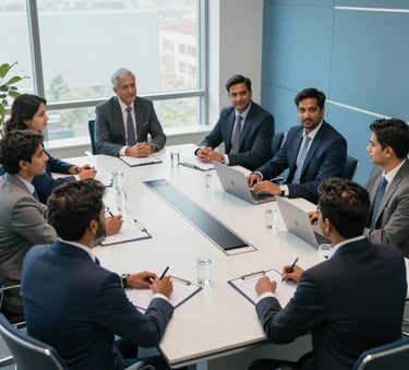 A high-angle photograph of a modern, well-lit conference room in Gurugram. A diverse group of South Asian / Indian business professionals in formal attire are engaged in a strategic meeting. The room is decorated with a palette of steel blue and light blue. Natural light floods the space, creating a professional and growth-oriented mood.
