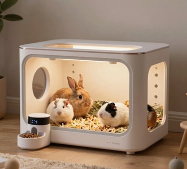 Smart indoor habitat for small pets featuring a rabbit and guinea pigs with an automatic feeder.