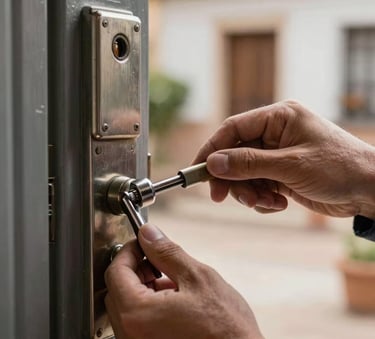 A professional locksmith’s hands carefully working on a high-security metal door lock, Spanish / Aragonese residential style architecture in the background. The focus is sharp on the metallic textures and tools, professional photography with soft natural light.