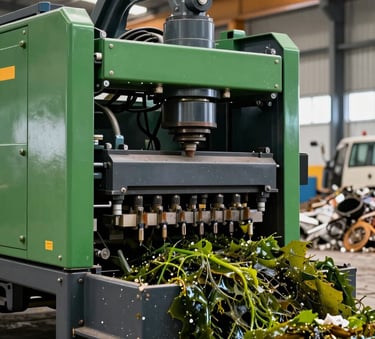 A high-performance mobile screening machine operating in a South African industrial yard, recycling construction waste into reusable material, seaweed green and dark slate gray machinery tones.