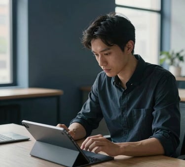 A focused graphic designer working on a high-resolution tablet in a minimalist North American office studio, soft natural light coming from a large window, deep blue and grey accents in the room.