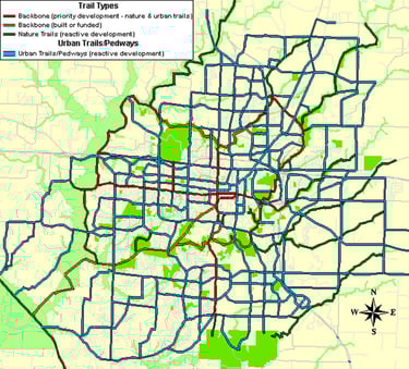 Digitally rendered map of Columbia with trails highlighted