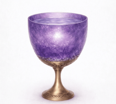 Ornate gold chalice with a glowing purple amethyst glass bowl filled with magical water.