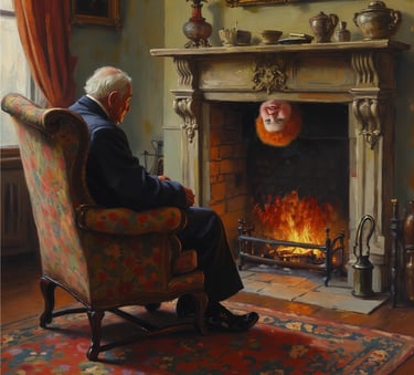 Surreal oil painting of an elderly man sitting by a fireplace with a floating head hanging upside down.