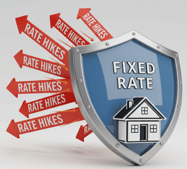 fixed mortgage rate protecting from 'Rate Hikes,' symbolizing stability and peace of mind
