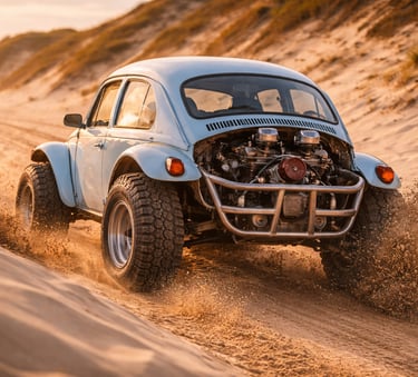 Fusca Baja subindo duna e jogando areia para trás, com motor traseiro exposto e proteção tubular off