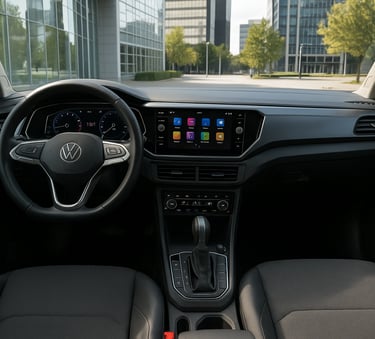 Interior moderno do Volkswagen Nivus 2025 azul metálico, com painel digital e central multimídia ilu